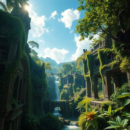 A breathtaking scene of a lost ancient city hidden deep within a lush jungle