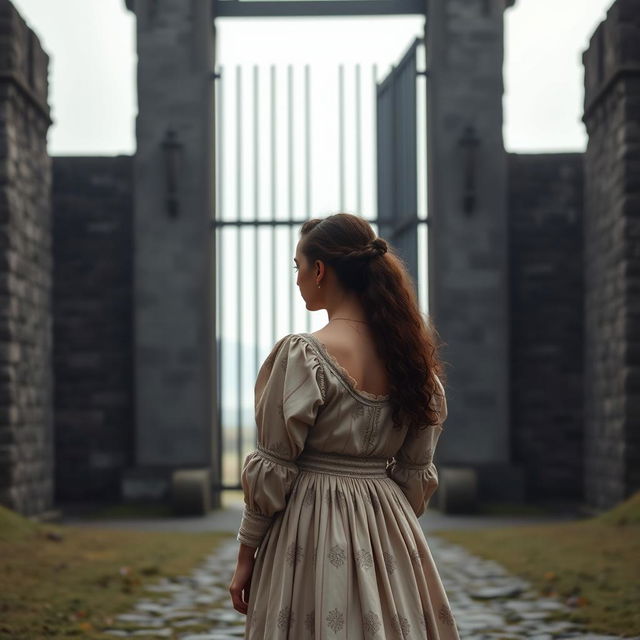 A young woman standing in front of the historical gates of the city of Derry, Northern Ireland, in the 17th century