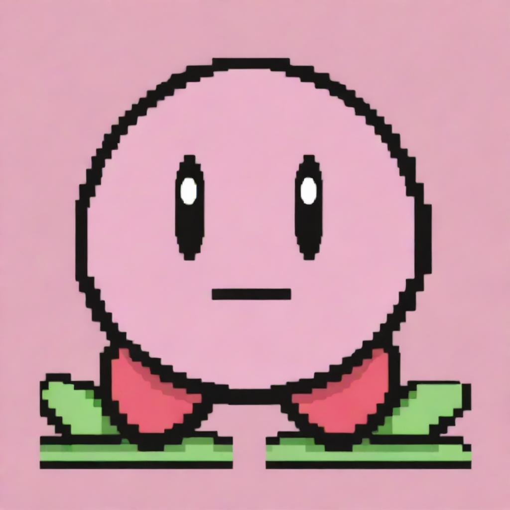 Create a pixel art of a very happy Kirby character, with an extra large smile and bright, joyful colors dominating the frame.