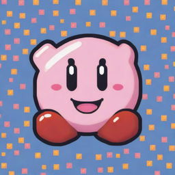 Create a pixel art of a very happy Kirby character, with an extra large smile and bright, joyful colors dominating the frame.