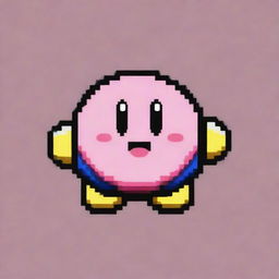 Create a pixel art of a very happy Kirby character, with an extra large smile and bright, joyful colors dominating the frame.