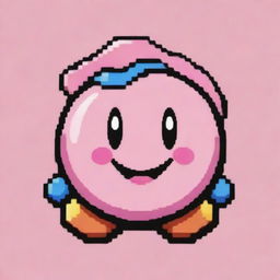 Create a pixel art of a very happy Kirby character, with an extra large smile and bright, joyful colors dominating the frame.