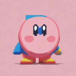 Generate a pixel art image featuring a faithfully reimagined version of the Nintendo character Kirby, surrounded by a color palette reflecting his classic colors