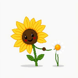 An ordinary sunflower gently holding hands with a simple daisy standing beside it, depicted in pixel art style