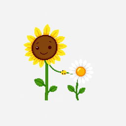 An ordinary sunflower gently holding hands with a simple daisy standing beside it, depicted in pixel art style