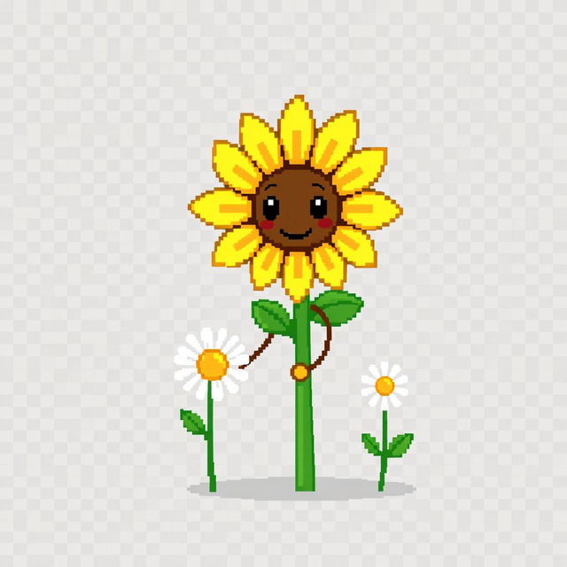 An ordinary sunflower gently holding hands with a simple daisy standing beside it, depicted in pixel art style