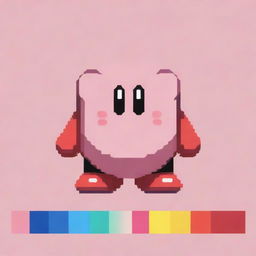 Generate a pixel art image featuring a faithfully reimagined version of the Nintendo character Kirby, surrounded by a color palette reflecting his classic colors