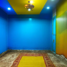 A 12x12 room painted in chatkile color scheme, predominantly featuring shades of neela (blue) and peela (yellow). The room is tastefully decorated complementing the vibrant colours.