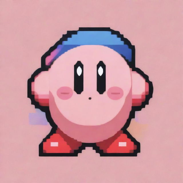 Generate a pixel art image featuring a faithfully reimagined version of the Nintendo character Kirby, surrounded by a color palette reflecting his classic colors