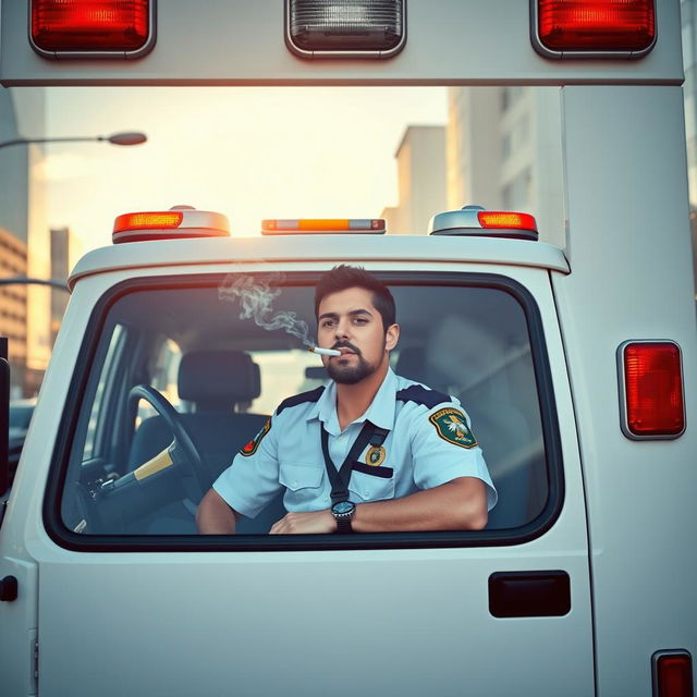 An ambulance driver sitting in the front seat of an ambulance, casually smoking a joint