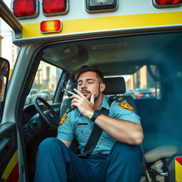 An ambulance driver sitting in the front seat of an ambulance, casually smoking a joint