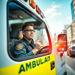 An ambulance driver sitting in the front seat of an ambulance, casually smoking a joint