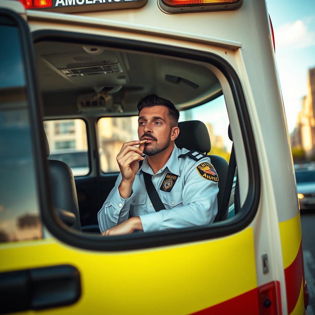 An ambulance driver sitting in the front seat of an ambulance, casually smoking a joint