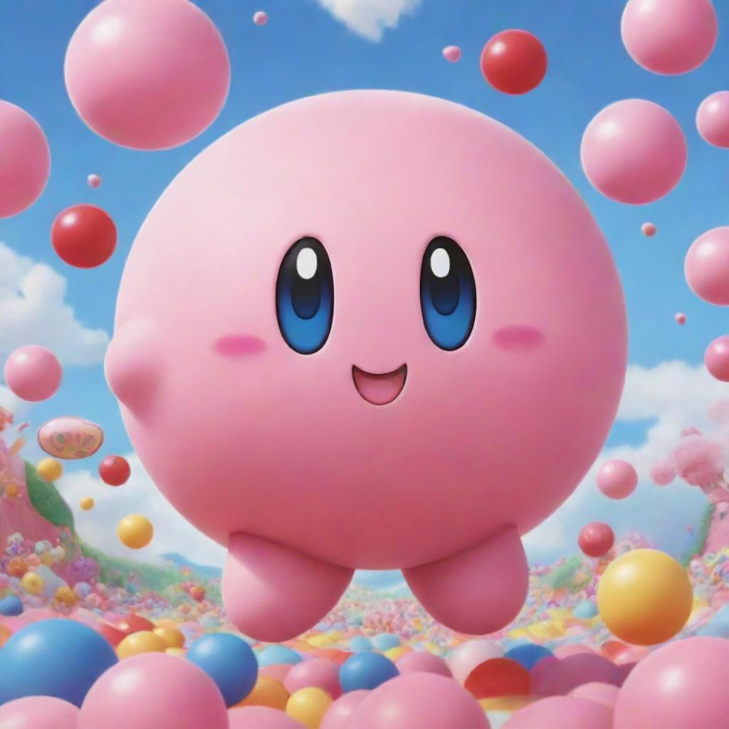 A delightful illustration of Kirby, the pink puffball character from Nintendo, cheerfully bouncing through a vibrant, candy-colored dreamland