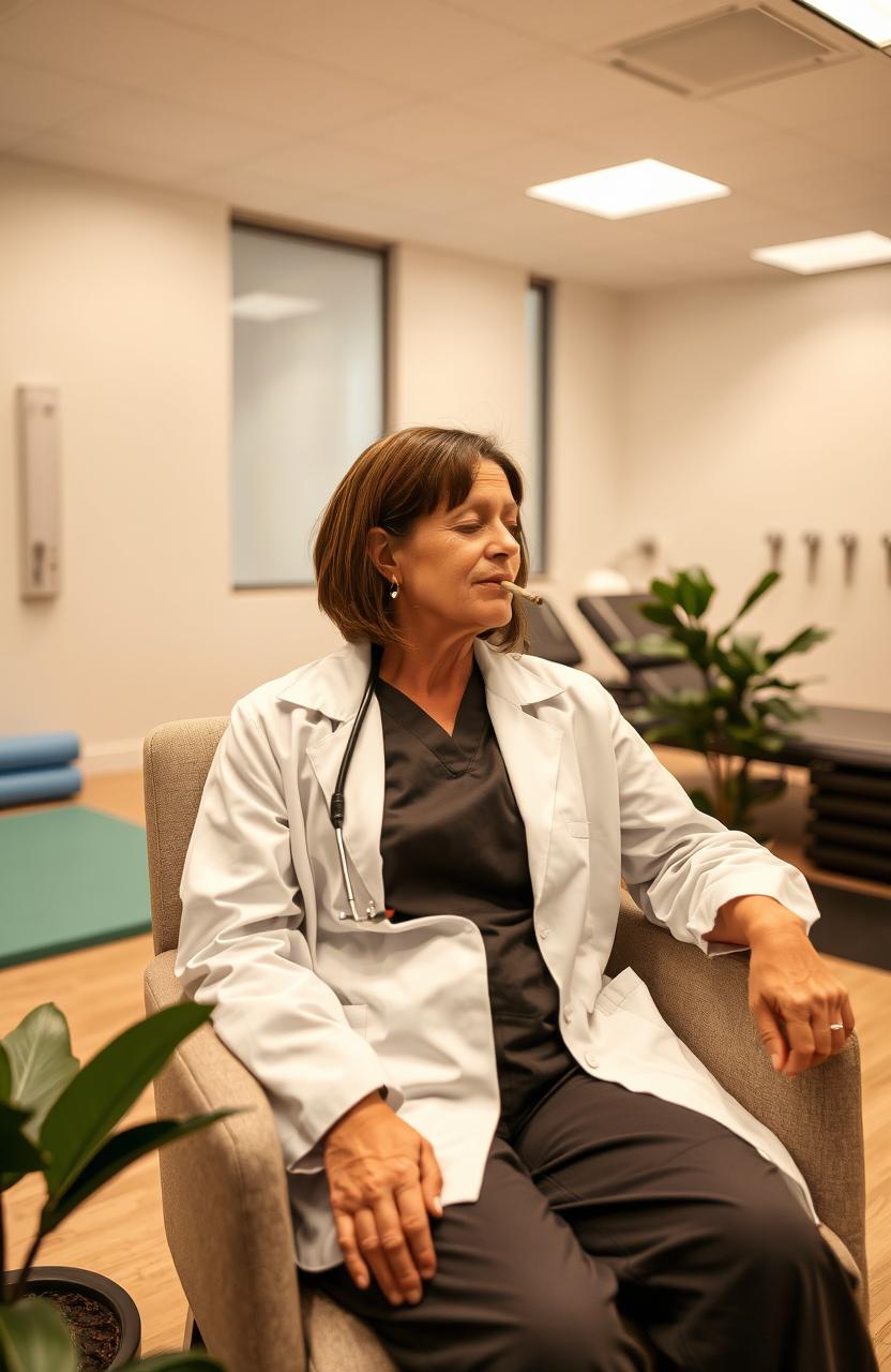 A physiotherapist in a modern, well-lit clinic, casually relaxing in a comfortable chair, exhaling smoke from a joint