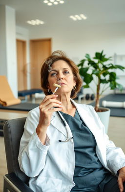 A physiotherapist in a modern, well-lit clinic, casually relaxing in a comfortable chair, exhaling smoke from a joint