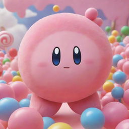 A delightful illustration of Kirby, the pink puffball character from Nintendo, cheerfully bouncing through a vibrant, candy-colored dreamland