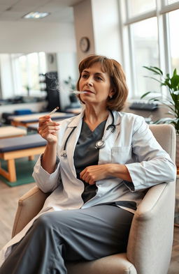 A physiotherapist in a modern, well-lit clinic, casually relaxing in a comfortable chair, exhaling smoke from a joint