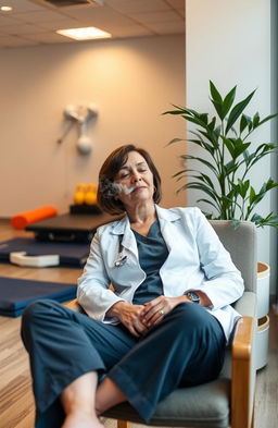 A physiotherapist in a modern, well-lit clinic, casually relaxing in a comfortable chair, exhaling smoke from a joint