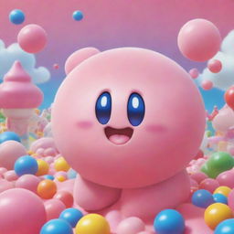 A delightful illustration of Kirby, the pink puffball character from Nintendo, cheerfully bouncing through a vibrant, candy-colored dreamland