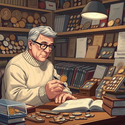 A detailed illustration of a coin collector meticulously examining a rare coin under a soft, focused light