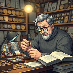 A detailed illustration of a coin collector meticulously examining a rare coin under a soft, focused light