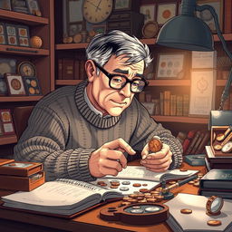 A detailed illustration of a coin collector meticulously examining a rare coin under a soft, focused light