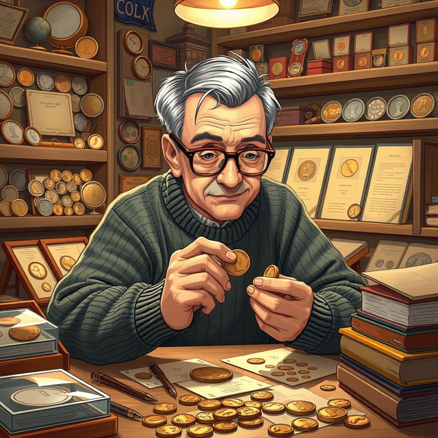 A detailed illustration of a coin collector meticulously examining a rare coin under a soft, focused light