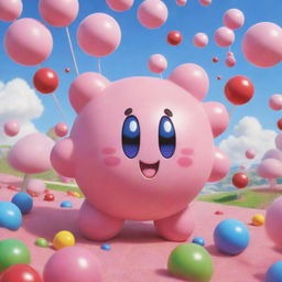 A delightful illustration of Kirby, the pink puffball character from Nintendo, cheerfully bouncing through a vibrant, candy-colored dreamland