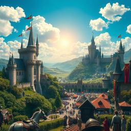 A majestic view of a sprawling kingdom with towering castles and lush green landscapes