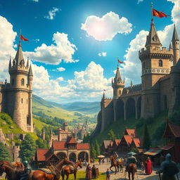 A majestic view of a sprawling kingdom with towering castles and lush green landscapes