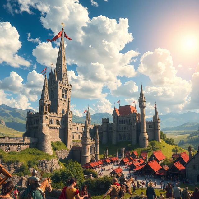 A majestic view of a sprawling kingdom with towering castles and lush green landscapes