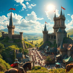 A majestic view of a sprawling kingdom with towering castles and lush green landscapes