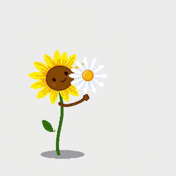 An ordinary sunflower holding hands with a simple daisy standing beside it, depicted in pixel art style