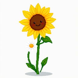 An ordinary sunflower holding hands with a simple daisy standing beside it, depicted in pixel art style