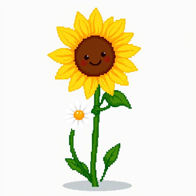 An ordinary sunflower holding hands with a simple daisy standing beside it, depicted in pixel art style