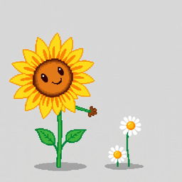 An ordinary sunflower holding hands with a simple daisy standing beside it, depicted in pixel art style