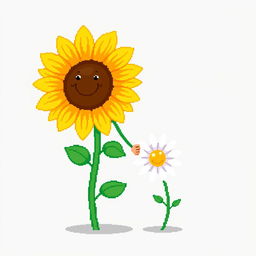 An ordinary sunflower holding hands with a simple daisy standing beside it, depicted in pixel art style