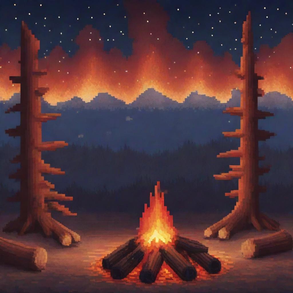 A cozy and inviting pixel art depiction of a campfire under a starlit sky