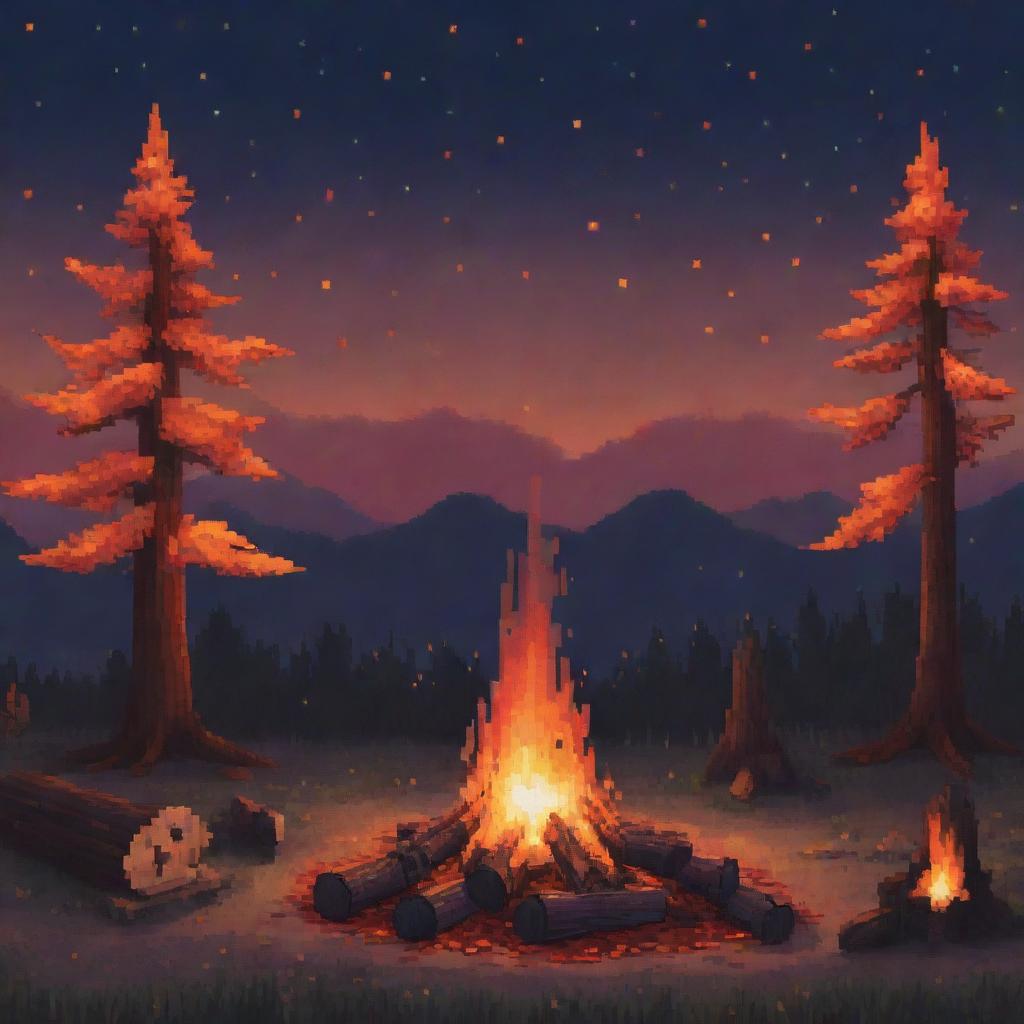 A cozy and inviting pixel art depiction of a campfire under a starlit sky