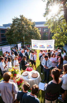 A vibrant college campus scene celebrating an anniversary event for a medicine and dentistry program