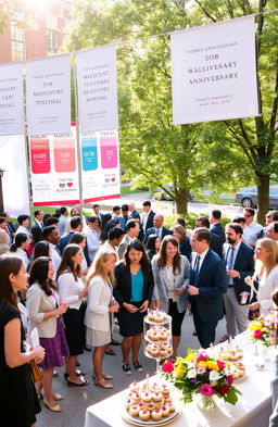 A vibrant college campus scene celebrating an anniversary event for a medicine and dentistry program