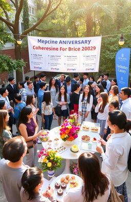 A vibrant college campus scene celebrating an anniversary event for a medicine and dentistry program