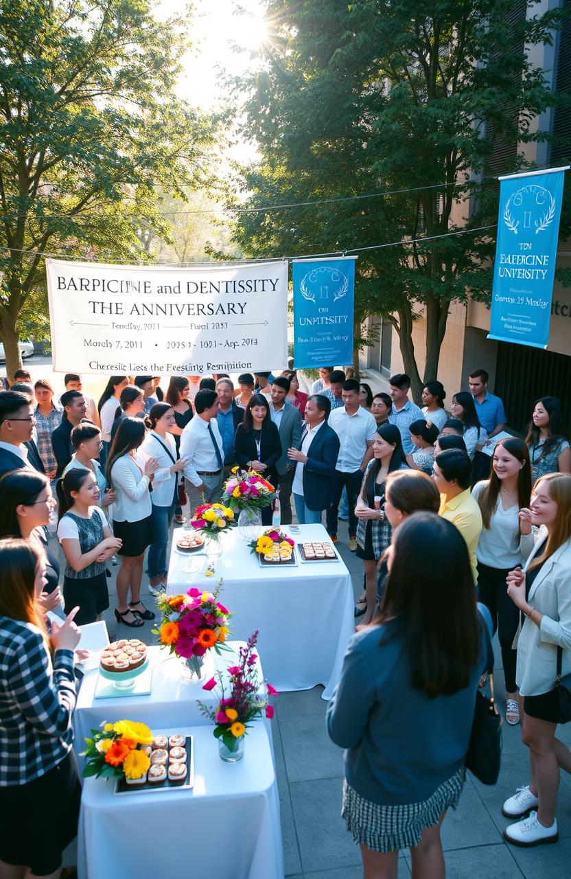 A vibrant college campus scene celebrating an anniversary event for a medicine and dentistry program