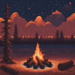 A cozy and inviting pixel art depiction of a campfire under a starlit sky