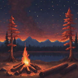 A cozy and inviting pixel art depiction of a campfire under a starlit sky