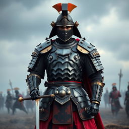 A soldier depicted in a unique armor that combines elements of samurai and ancient Roman legionnaire styles