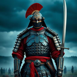 A soldier depicted in a unique armor that combines elements of samurai and ancient Roman legionnaire styles