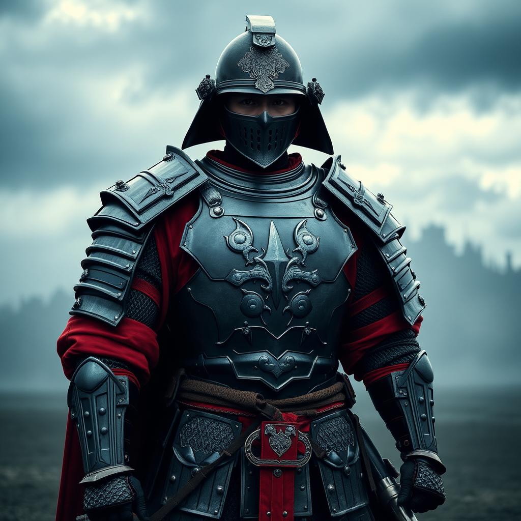 A soldier depicted in a unique armor that combines elements of samurai and ancient Roman legionnaire styles