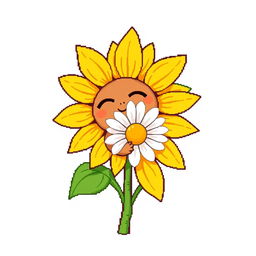 An ordinary sunflower embracing a simple daisy, illustrated in pixel art style